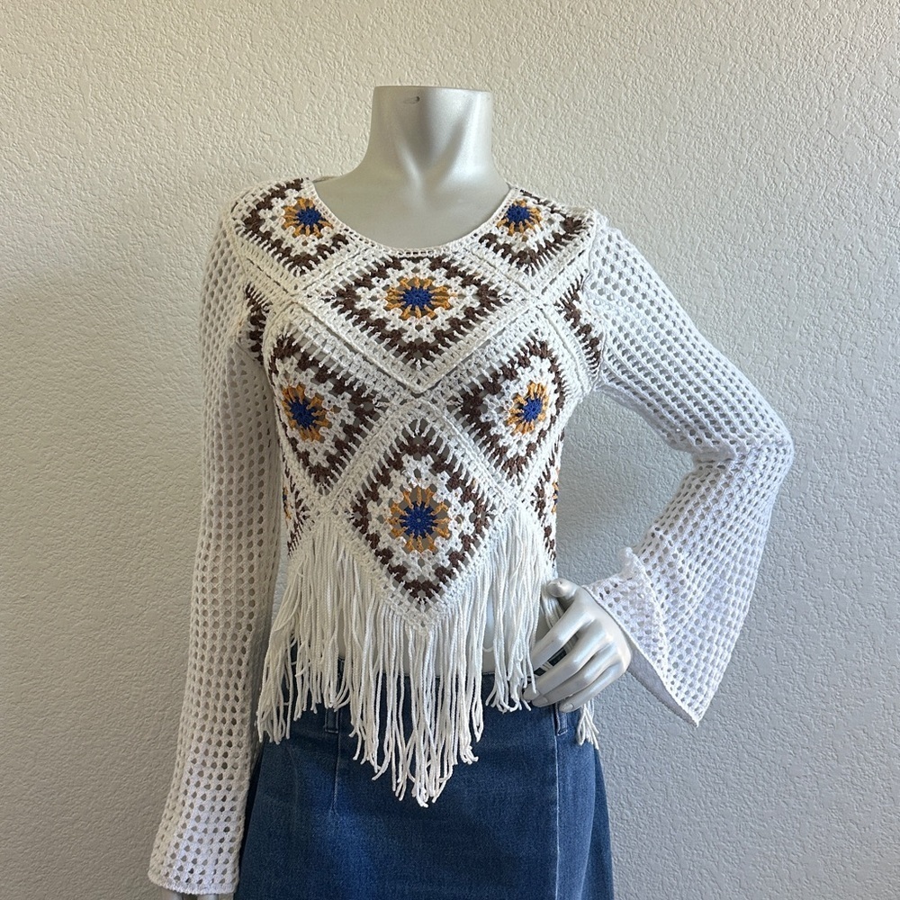 NWOT Boot Barn Handmade Crochet Granny Square long sleeve Top